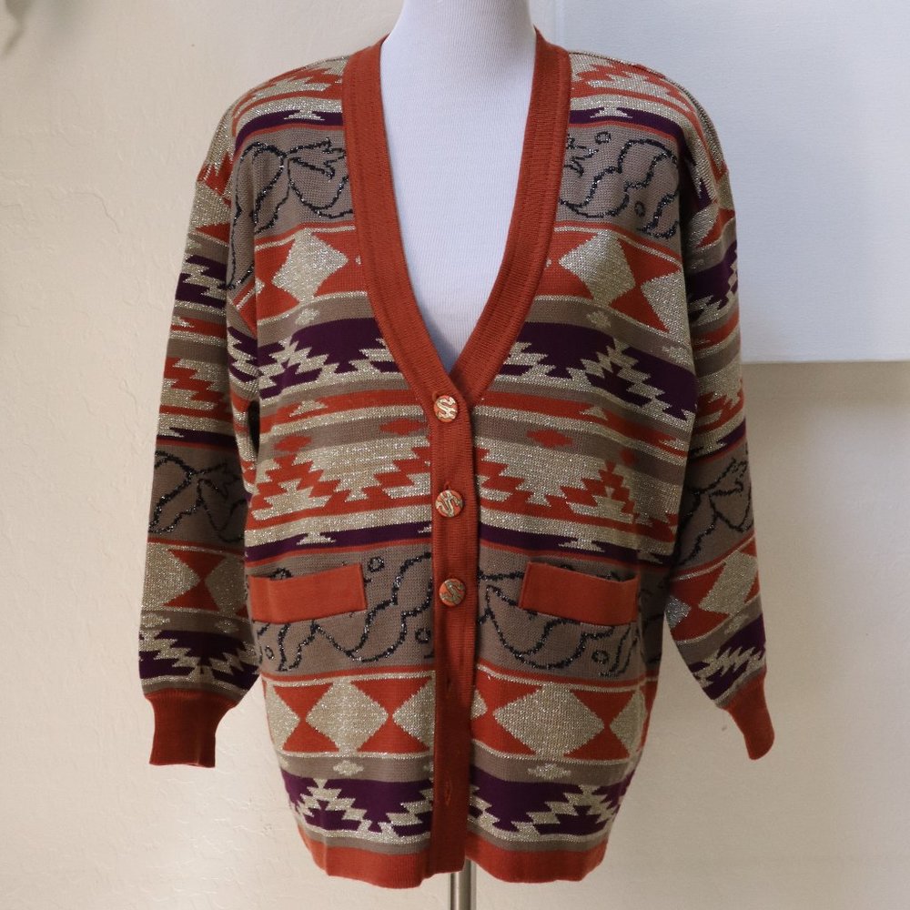 VINTAGE METALLIC CARDIGAN WITH SOUTHWEST DESIGN